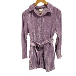 Fate Lilac Crushed Velvet Shirt Dress Belted Button Front Mini w Pockets Size Sm